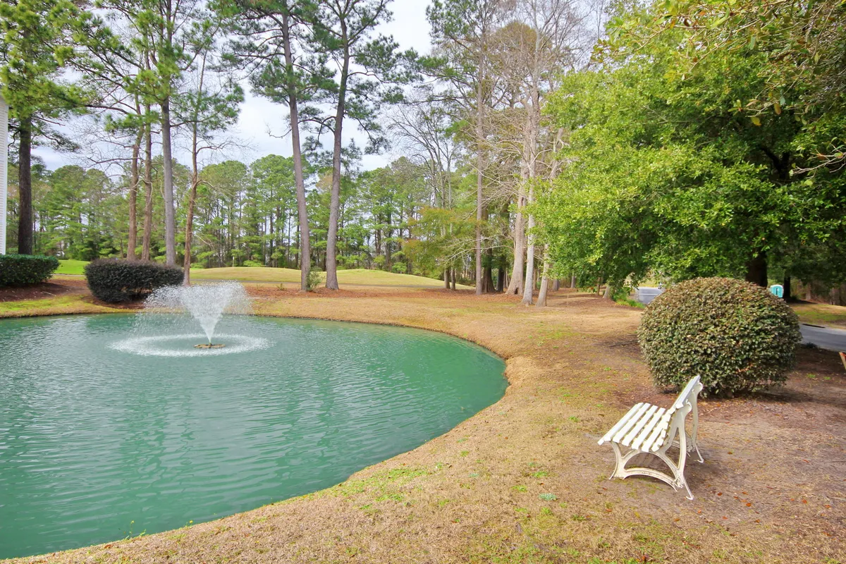 A tranquil pond with a central fountain surrounded by trees and a bench, offering a serene spot for relaxation, reading, or simply enjoying nature. The lush greenery and water features set a calming atmosphere, perfect for peaceful retreats.